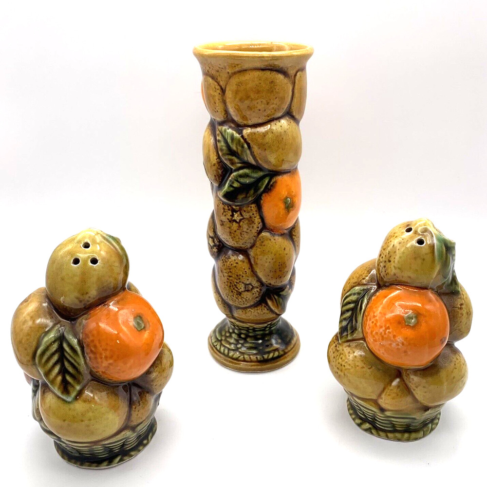 Vtg Inarco Japan Fruit Basket Orange Spice 3 pc Vase & Salt Pepper Shakers 60s